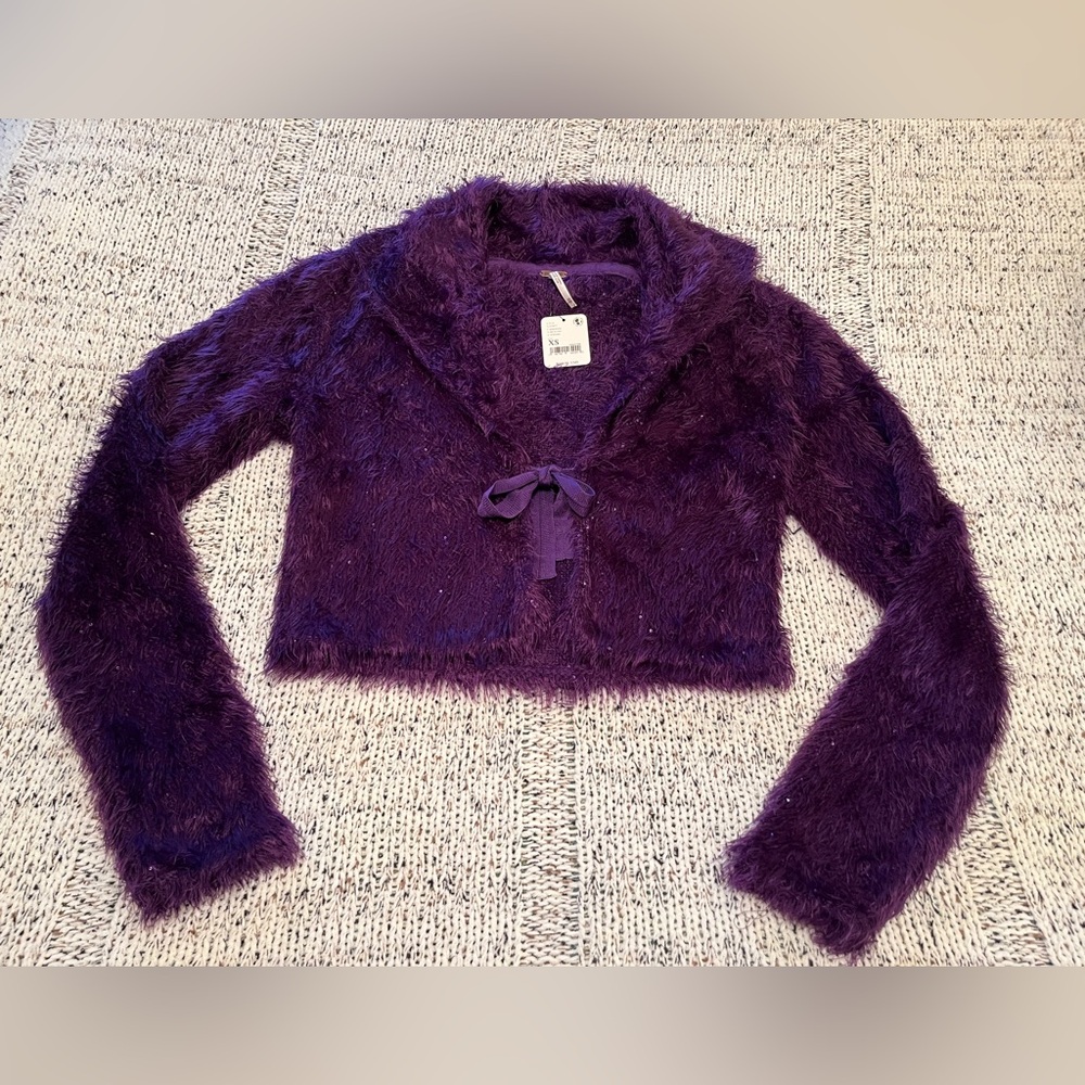 Free People Mina Cardigan Eyelash Knit Cropped Sweater in Purple, Size XS, NWT